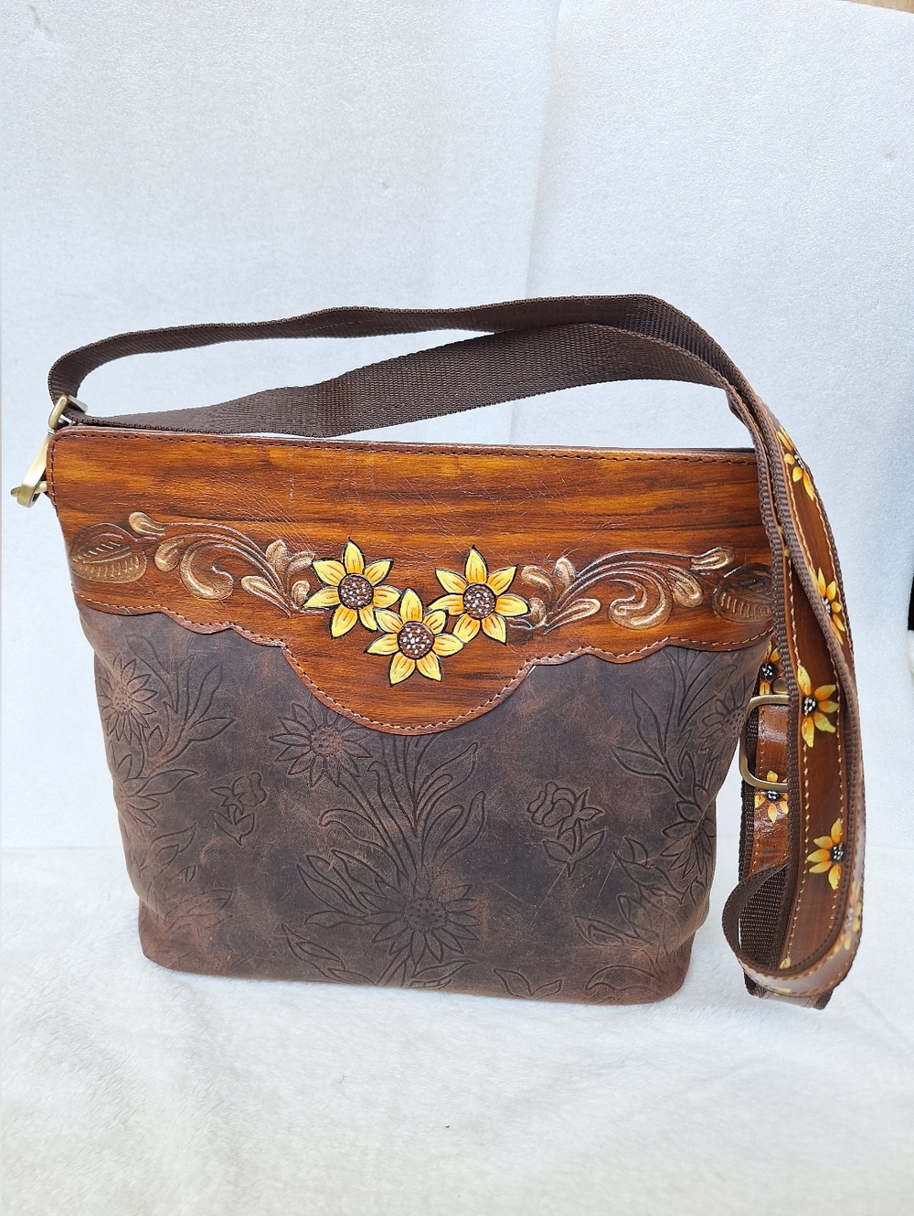Handcrafted Tooled Leather Sunflower Crossbody Bag - Western Boho Style